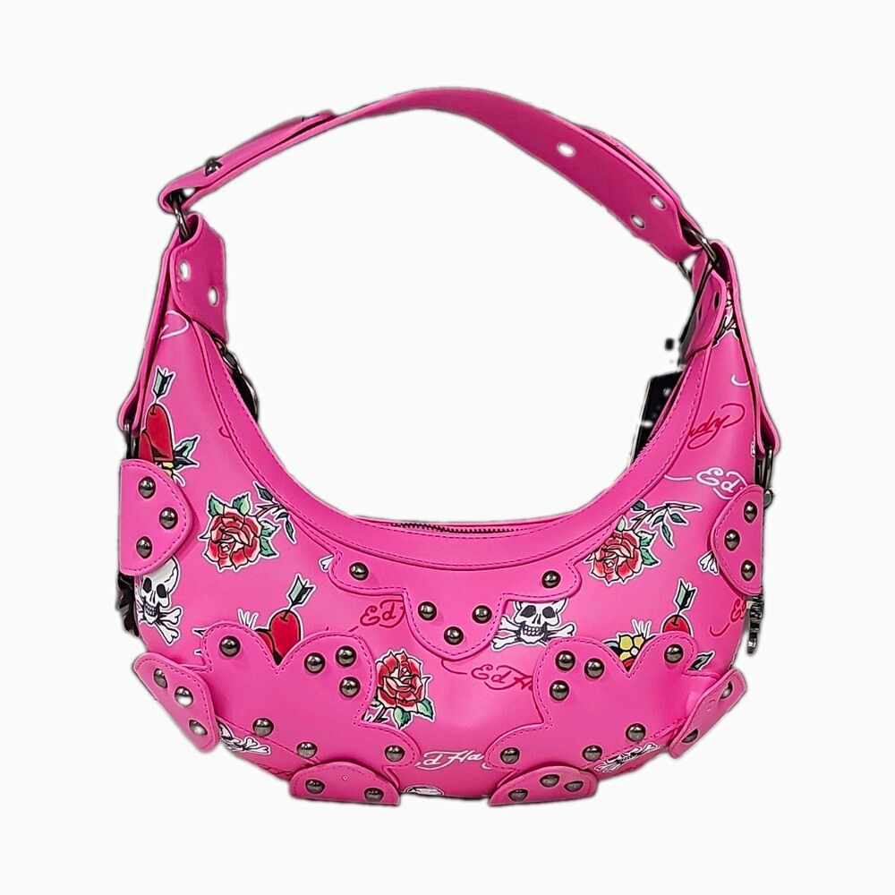 Y2K STYLE - Ed Hardy Pink Stud Shoulder Bag Skull Rose Graphic- see description